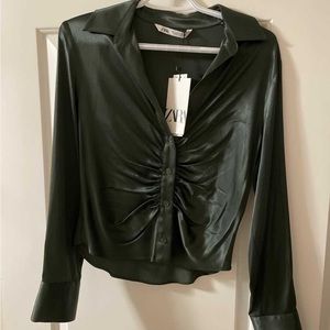 Zara ruched forest green blouse size medium